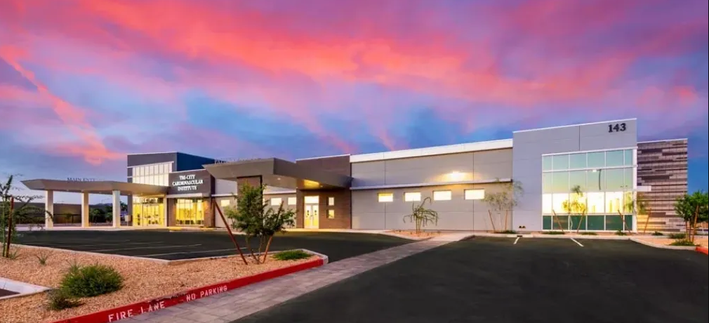 Commercial building at twilight