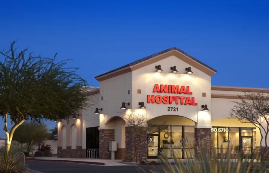 Animal hospital exterior at dusk